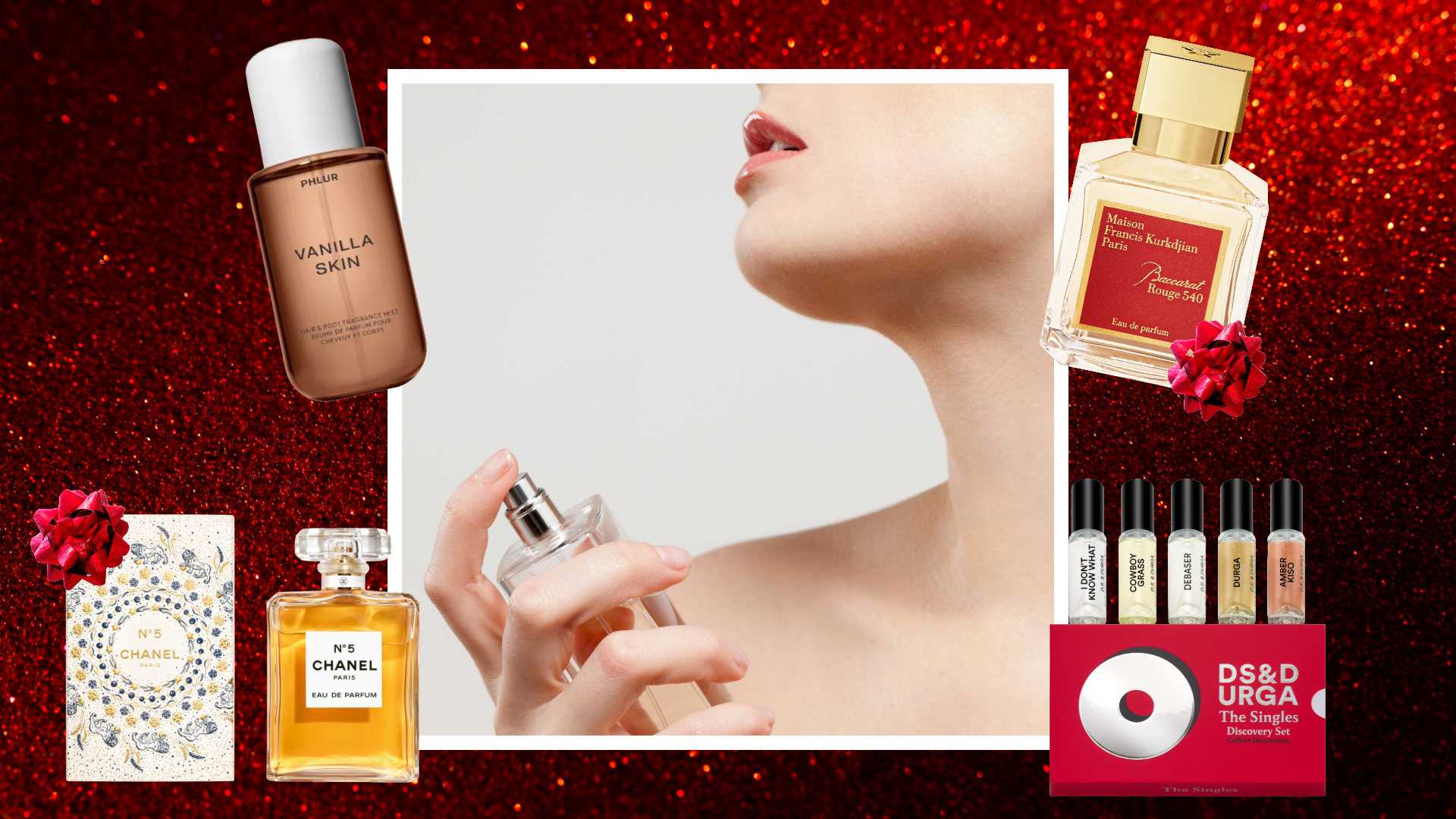 photo collage of woman spraying perfume with white border with phlur, chanel, Maison Francis Kurkdjian, and ds and durga perfume bottles overlaid on red glittery background