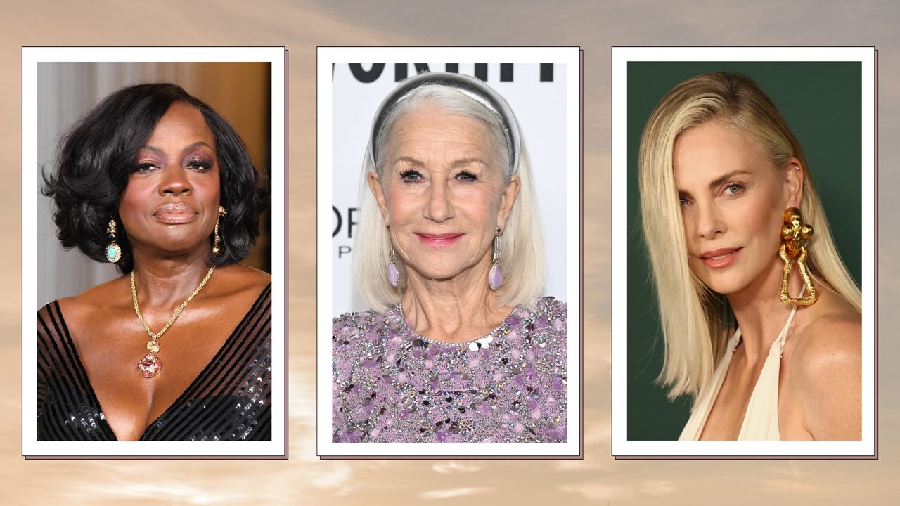 Viola Davis is seen with a curly bob at the 2024 LACMA Art+Film Gala at Los Angeles County Museum of Art on November 02, 2024 in Los Angeles, California, alongside a picture of Helene Mirren, who is wearing a silver hairband at the L&#039;Oréal Paris Women of Worth Celebration at NeueHouse Hollywood on November 21, 2024 in Los Angeles, California and finally, Charlize Theron is pictured wearing a large gold earring and her hair in a side-part at the 2024 Baby2Baby Gala at Pacific Design Center on November 09, 2024 in West Hollywood, California/ in a beige to grey sunset-style template