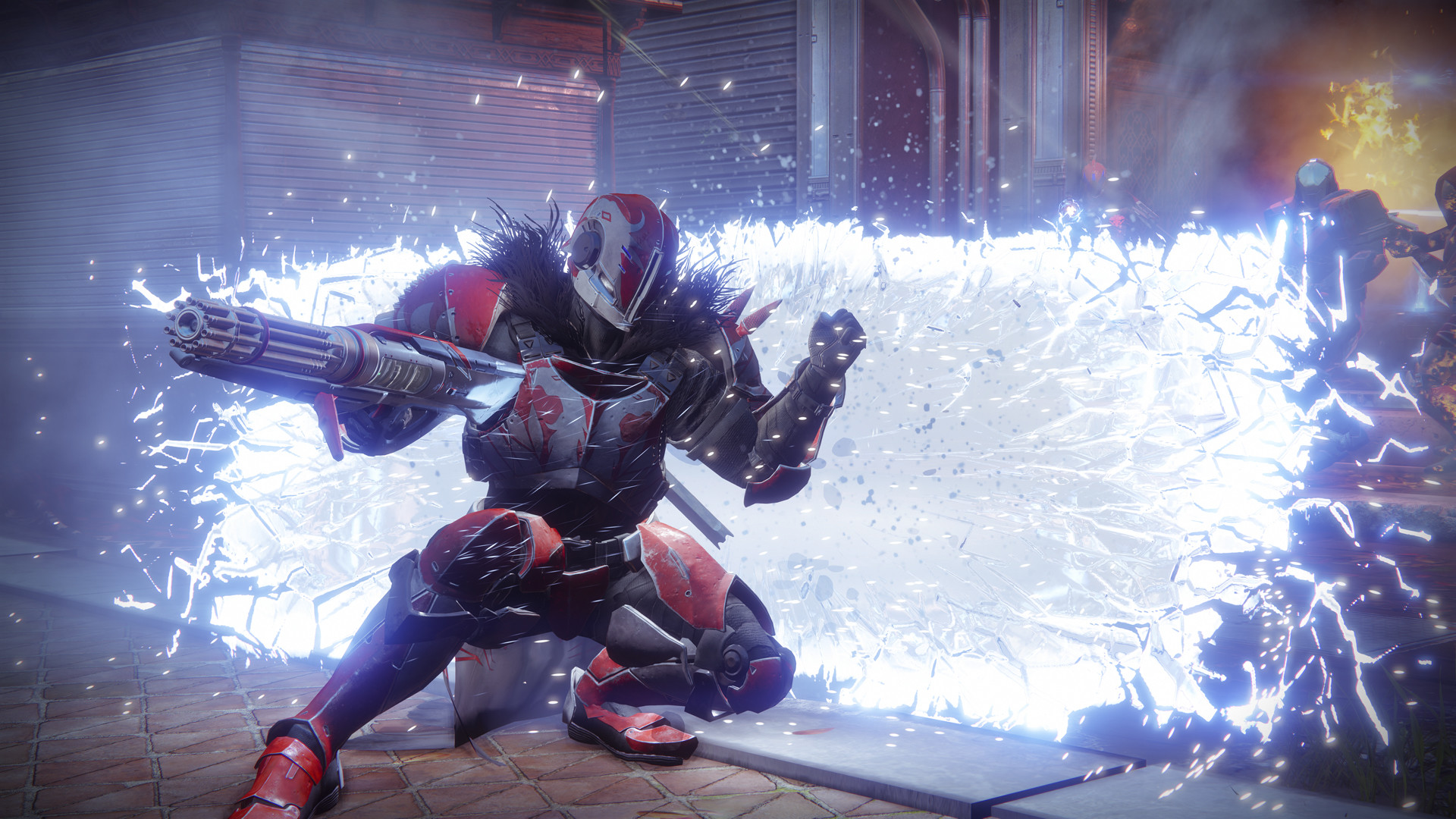 Destiny 2 screenshot showing the player holding up a powerful energy shield while under fire