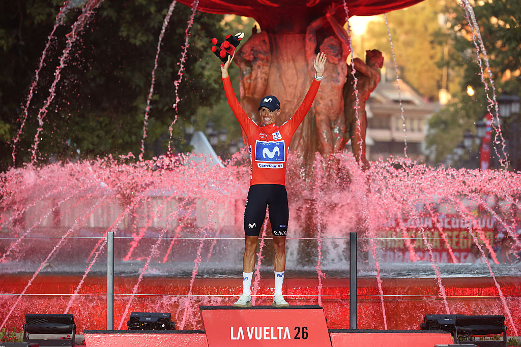 GRANADA, SPAIN - SEPTEMBER 13: Enric Mas of Spain and Movistar Team celebrates at podium as Red Leader Jersey winner during the La Vuelta - 81st Tour of Spain 2026, Stage 21 a 112km stage from Granada to Granada / #UCIWT / on September 13, 2026 in Granada, Spain. (Photo by Alexander Hassenstein/Getty Images)