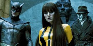 Patrick Wilson as Owlman, Malin Åkerman as Silk Spectre and Jackie Earle Haley as Rorschach