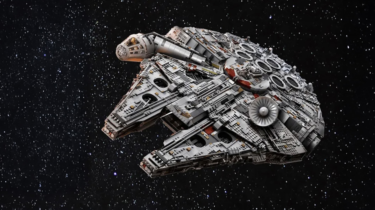 Lego Star Wars Millennium Falcon UCS on starry background