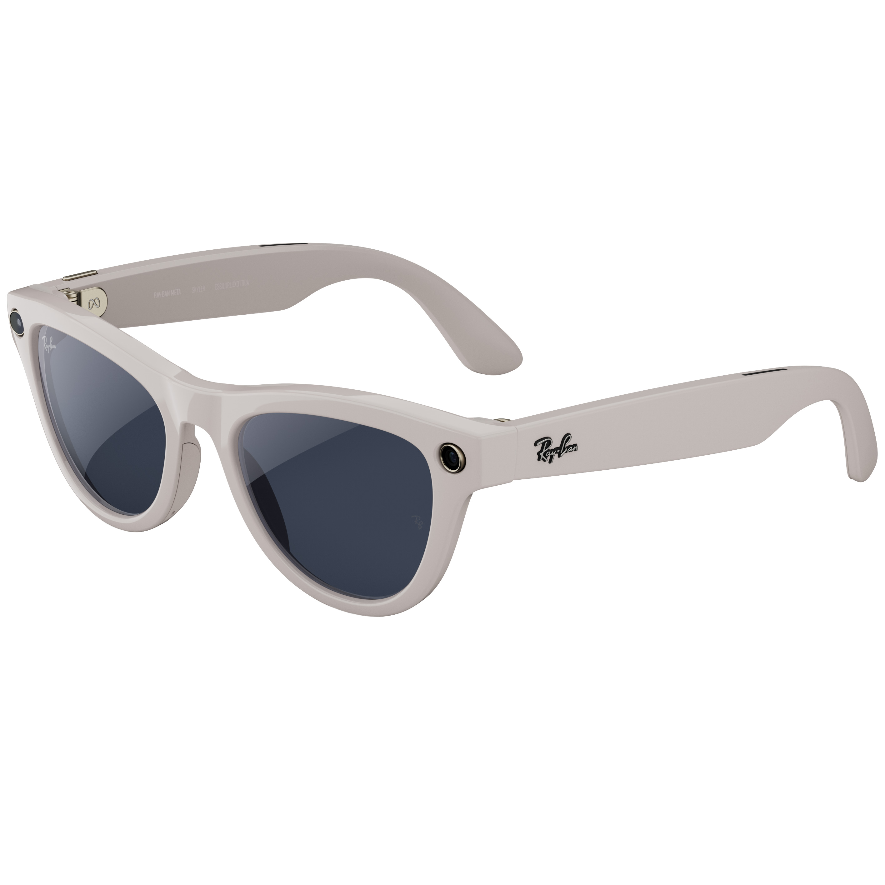 An official product render of Ray-Ban Meta (Gen 2) smart glasses Skyler style with warm gray frames and blue lenses