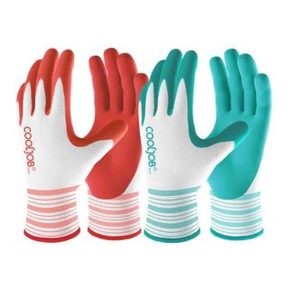 Two pairs of gardening gloves with white on top and red or mint green on the bottom