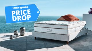 Image shows the Saatva Classic, the best mattress without fiberglass, shown on a beige fabric bedframe placed on a patio overlooking a blue ocean, and with a Price Drop sales flag overlaid 