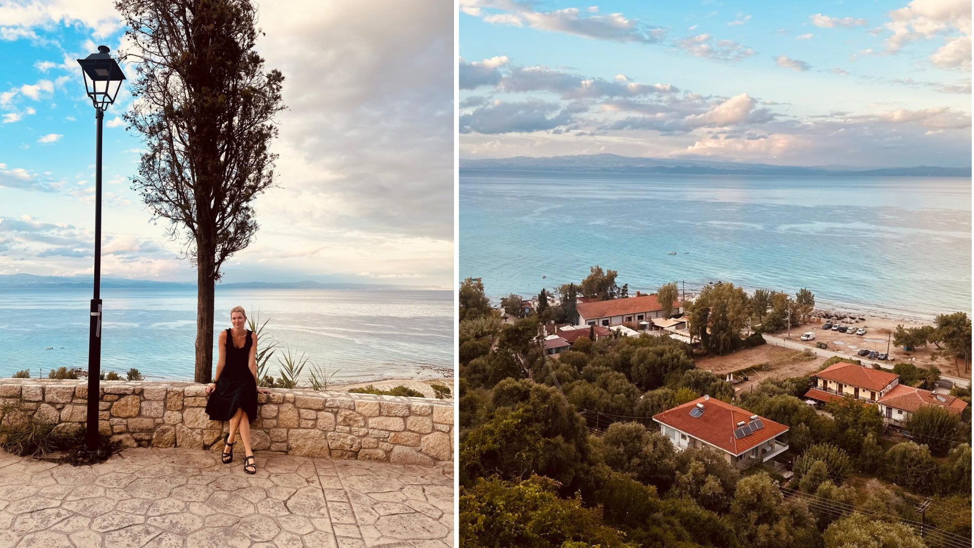 Anna Bailey sitting on wall in Afytos, split with a view of the cove below