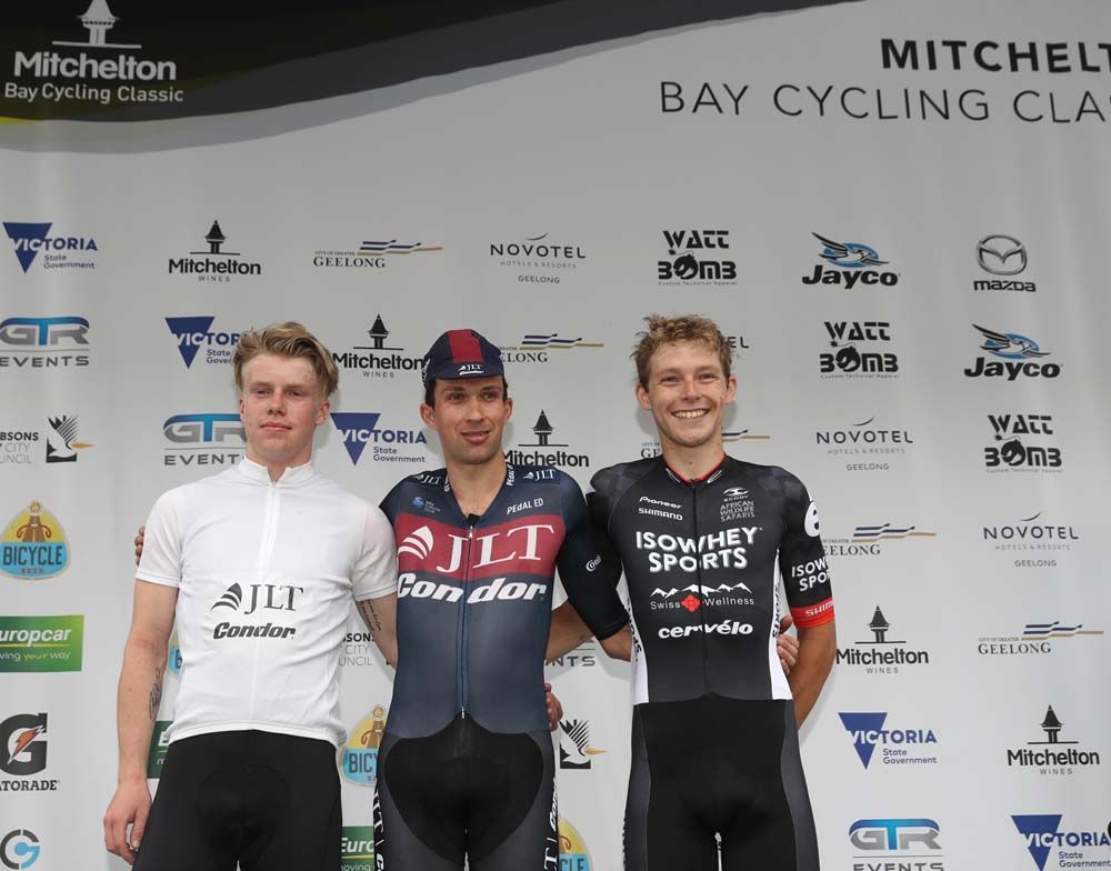 Ian Bibby (JLT Condor) takes centre stage on the podium
