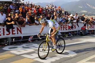 Cadel Evans (Australia) rides toward the finish alone.