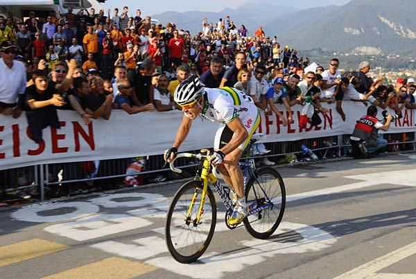 Cadel Evans (Australia) rides toward the finish alone.