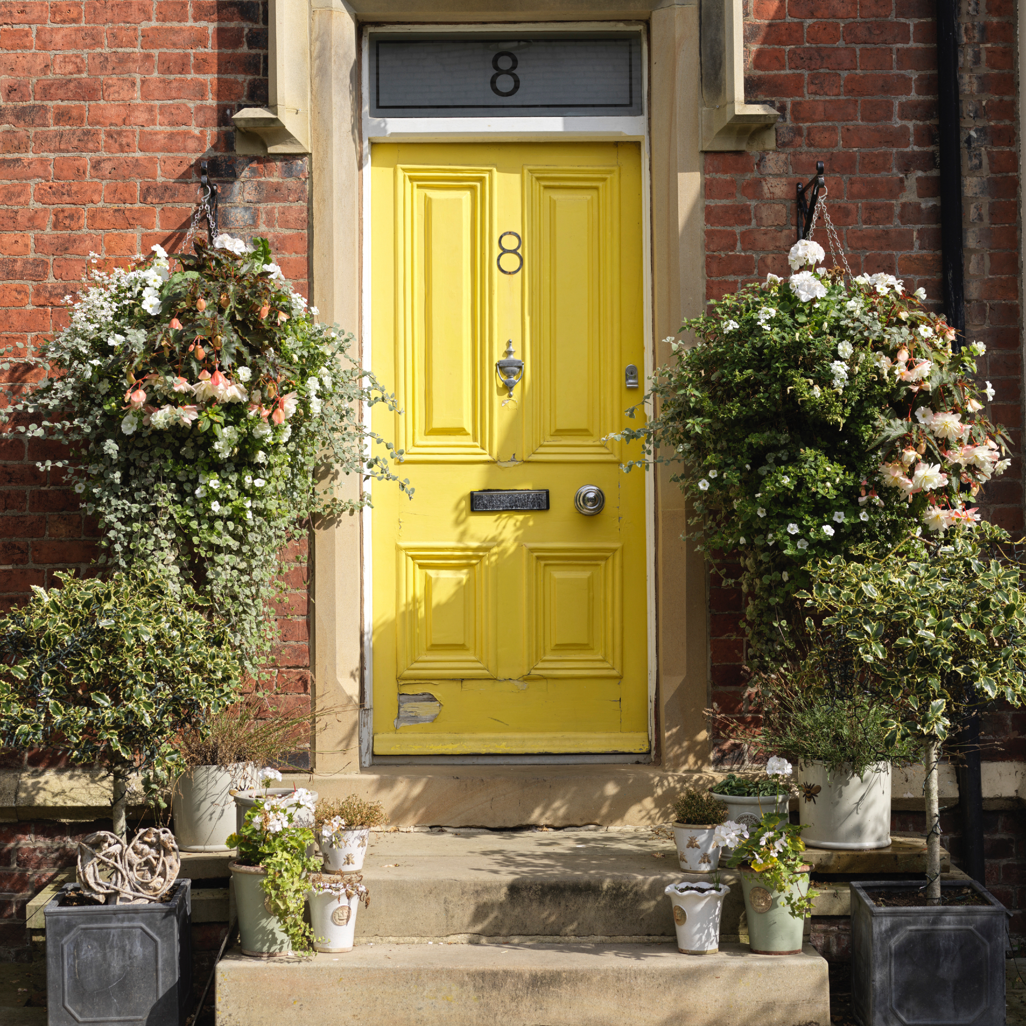 how to make your front door look more attractive, yellow front door with hanging baskets each side, steps up to door, door furniture