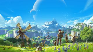 Palia key art - a grassy plain with a mountain in the background where a character stands with a backpack in front of a windmill