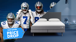 NFL players wearing blue and white kit and helmets on left. Sleep Number i8 smart bed in blue bedroom on right.