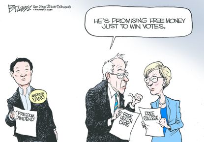 Political Cartoon U.S. Andrew Yang 2020 Bernie Sanders Elizabeth Warren free money