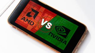 A smartphone showing a red and green graphic of 'AMD VS Nvidia'.