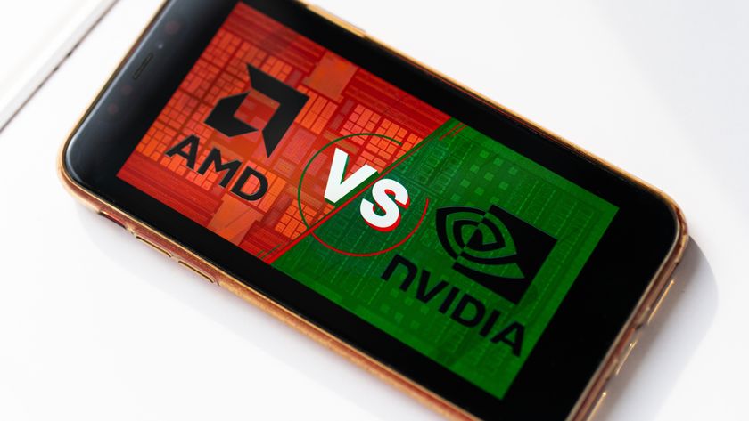 A smartphone showing a red and green graphic of &#039;AMD VS Nvidia&#039;.