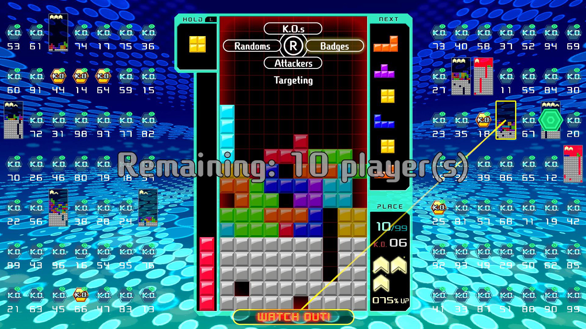 The falling blocks of a Tetris 99 round