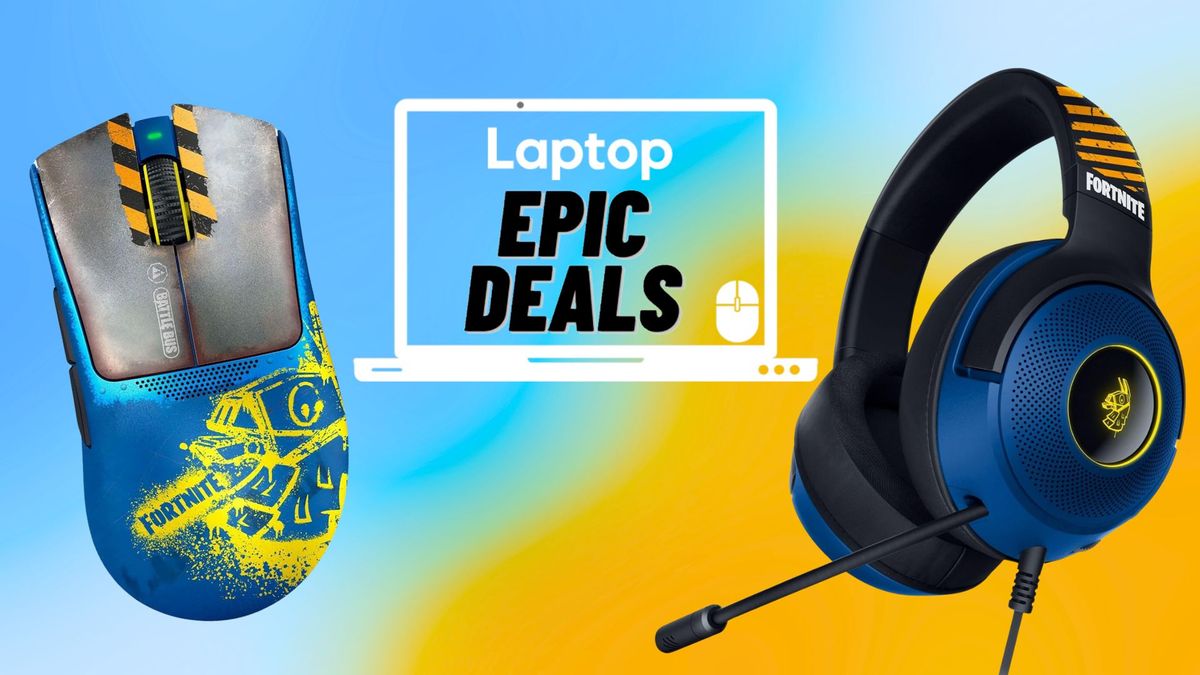 The Fortnite special edition Razer DeathAdder V3 Pro and Kraken V3 X with a Laptop Mag deals icon in front of a blue and orange background