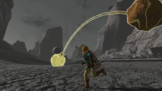Link using his Recall ability on a boulder in The Legend of Zelda: Tears of the Kingdom.