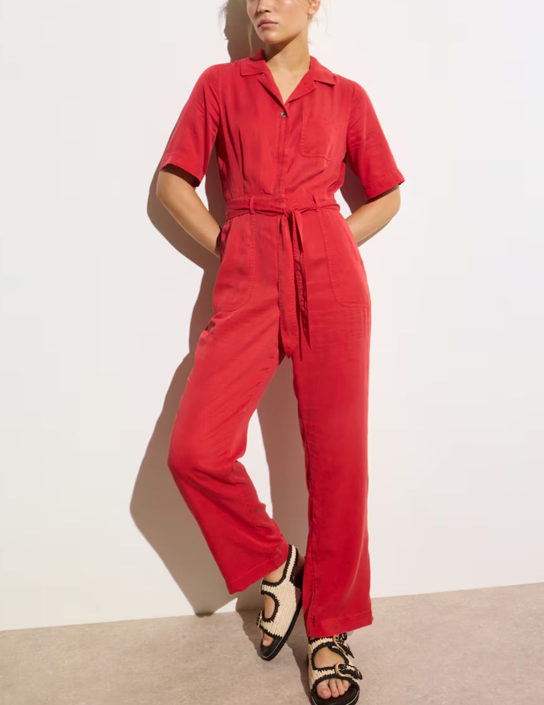 Oliver Bonas , Red Collared Zip Up Short Sleeve Jumpsuit