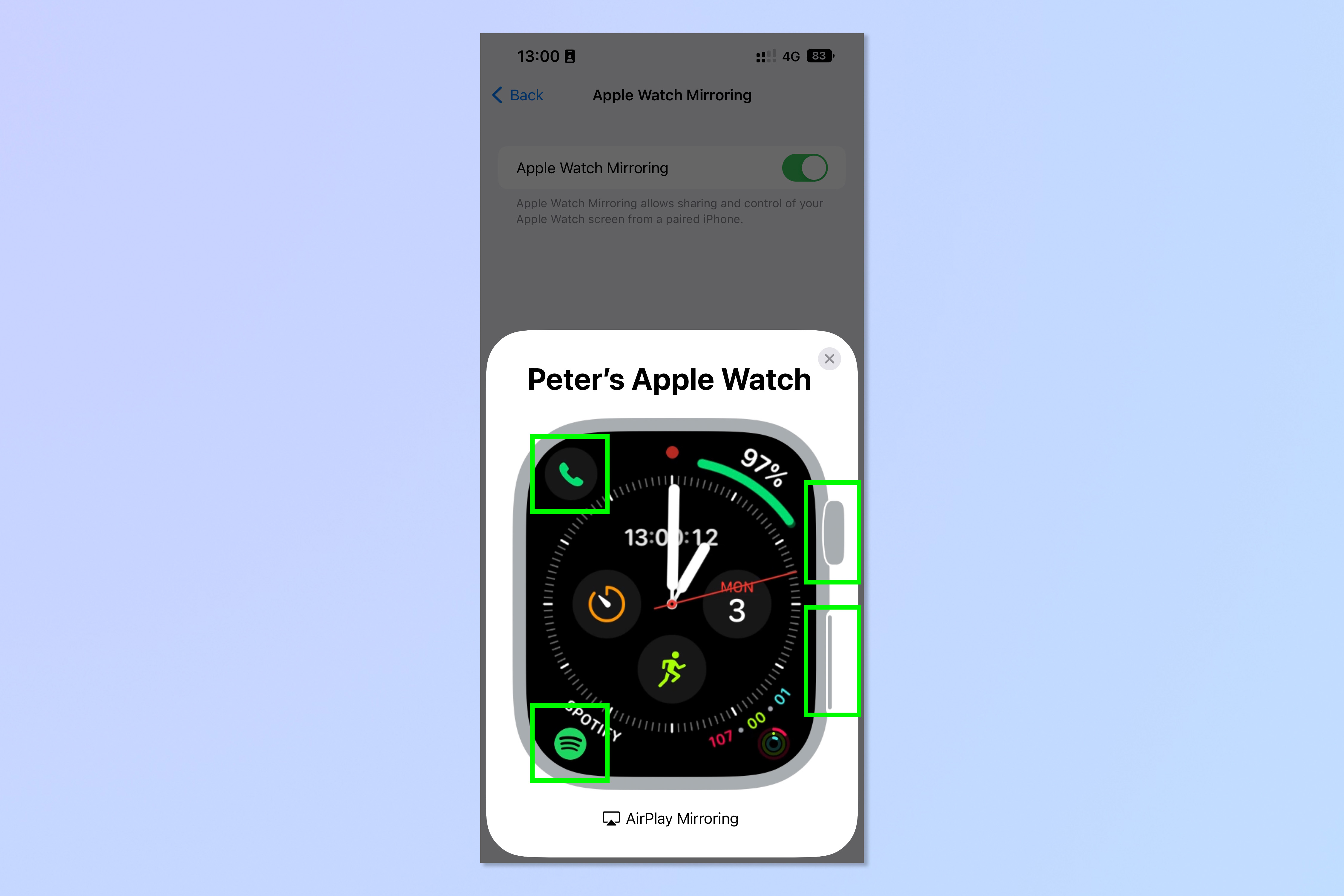 Снимок экрана, показывающий шаги, необходимые для включения Apple Watch Mirroring на iPhone.