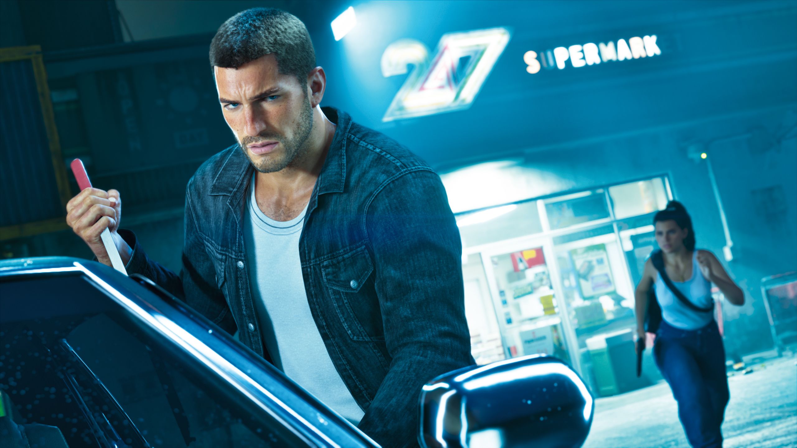 Grand Theft Auto 6 screenshot which depicts Jason breaking into a vehicle while Lucia storms out of a supermarket behind him after a robbery