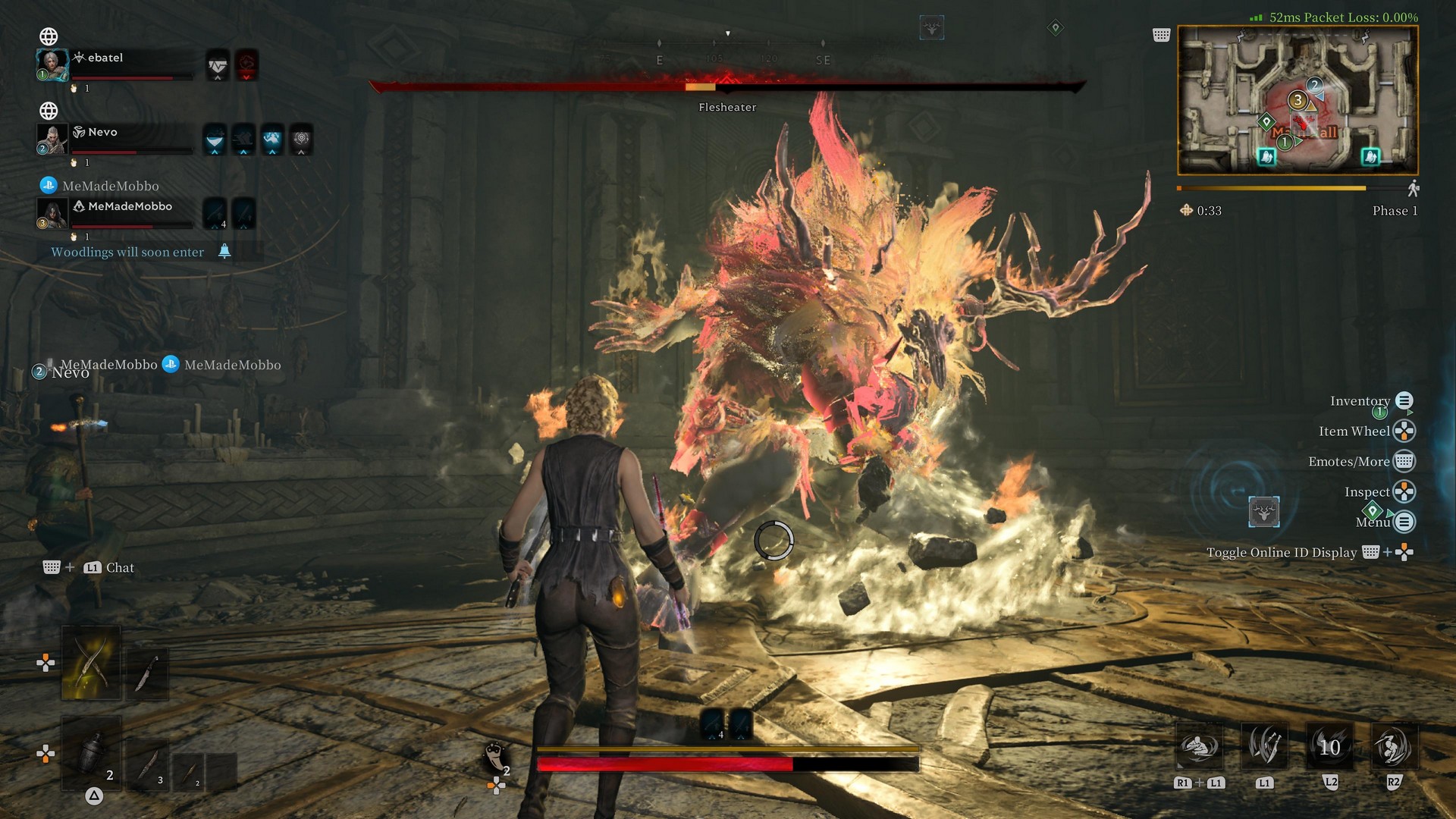 Encountering a boss enemy with a skull-face, Flesheater, in Mistfall Hunter as a trio