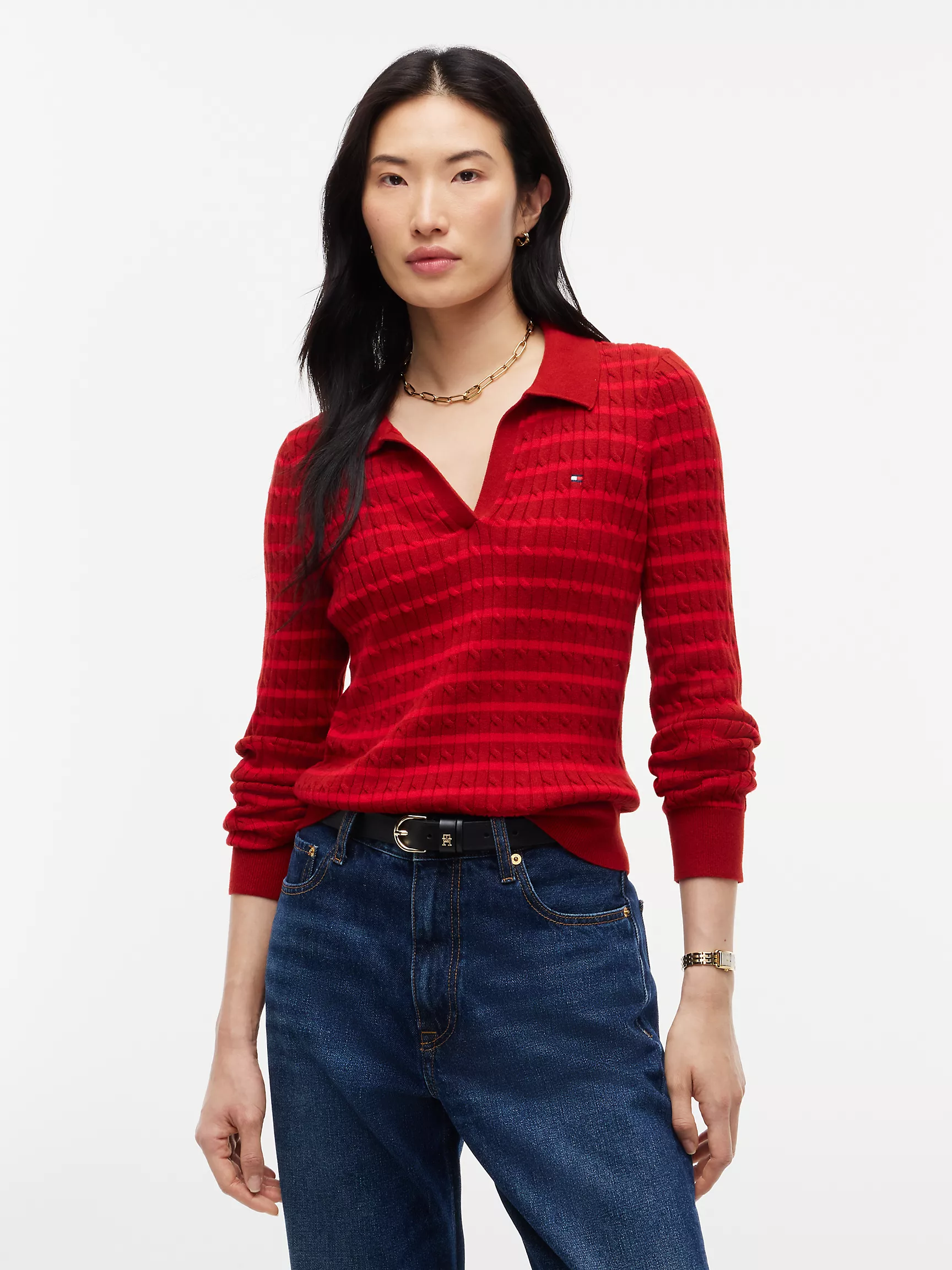 Slim Fit Cable Knit Sweater Polo