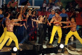 Gloria Estefan performing during the half time special of the Super Bowl XXXIII Game between the Denver Broncos and the Atlanta Falcons at the Pro Player Stadium in Miami, Florida. The Broncos defeated the Falcons 34-19.