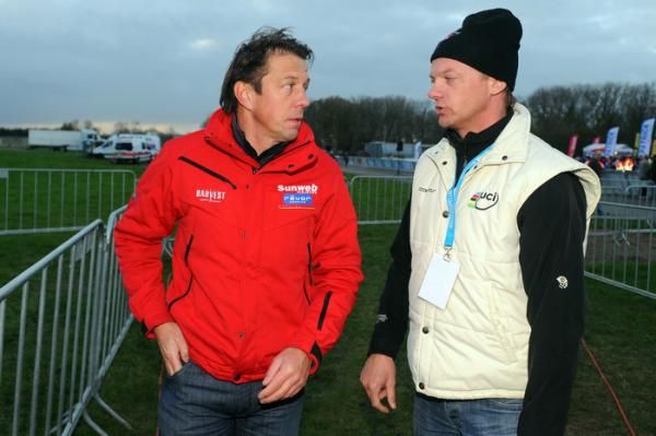 Mario De Clercq speaks to Peter Vanden Abeele after the race about the rider protest