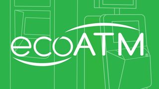 The ecoATM Logo over a green background with white kiosks 