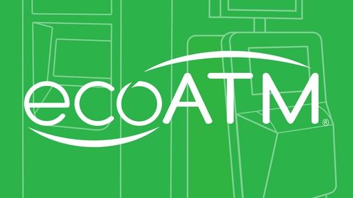 The ecoATM Logo over a green background with white kiosks 