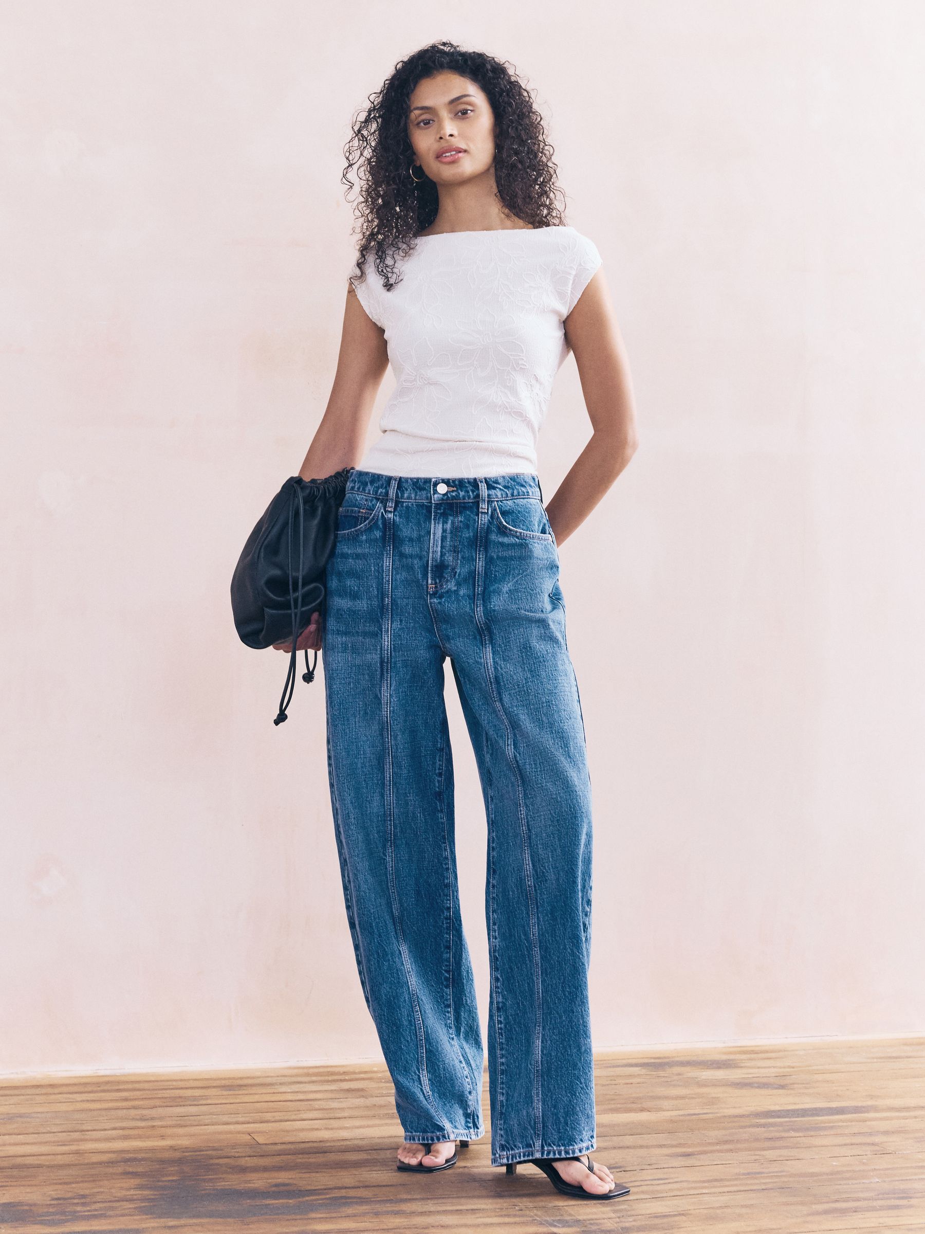 Mid Blue Denim Seam Front Barrel Leg Jeans