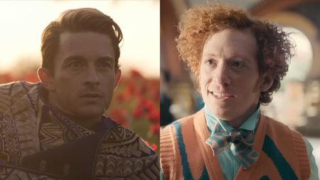 Jonathan Bailey as Fiyero in a field in Wicked: For Good and Ethan Slater as Boq in "Dancing Through Life" in Wicked