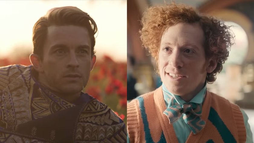 Jonathan Bailey as Fiyero in a field in Wicked: For Good and Ethan Slater as Boq in "Dancing Through Life" in Wicked