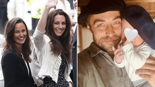 Pippa and Kate Middleton wave at the Goring Hotel in London on April 28, 2011, and James Middleton wears a blue beret while posing with his baby son Inigo