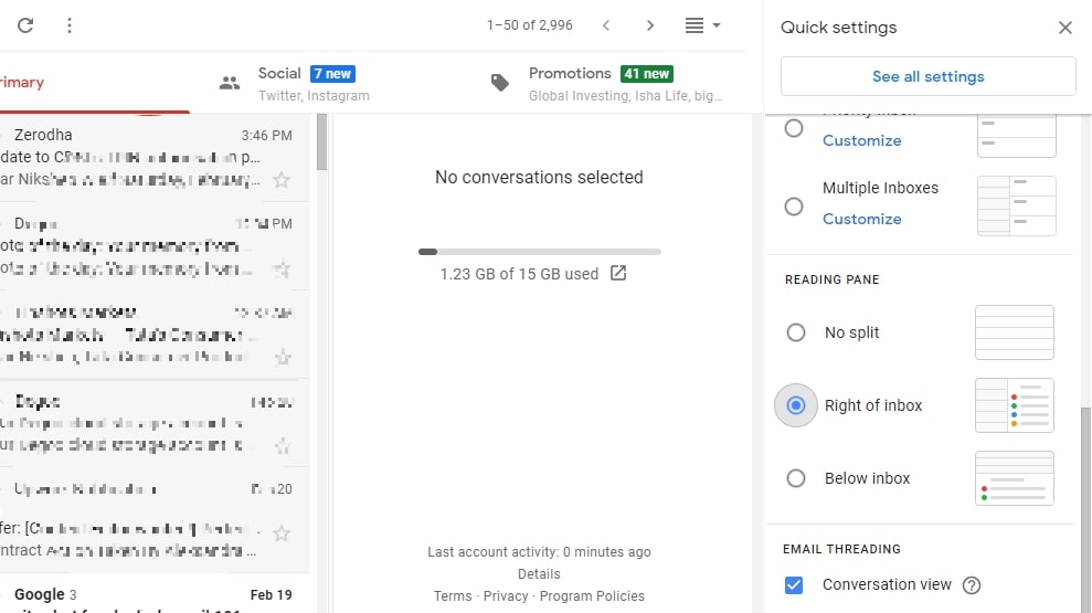 a screenshot showing Gmail's view settings panel, specifically on the reading pane