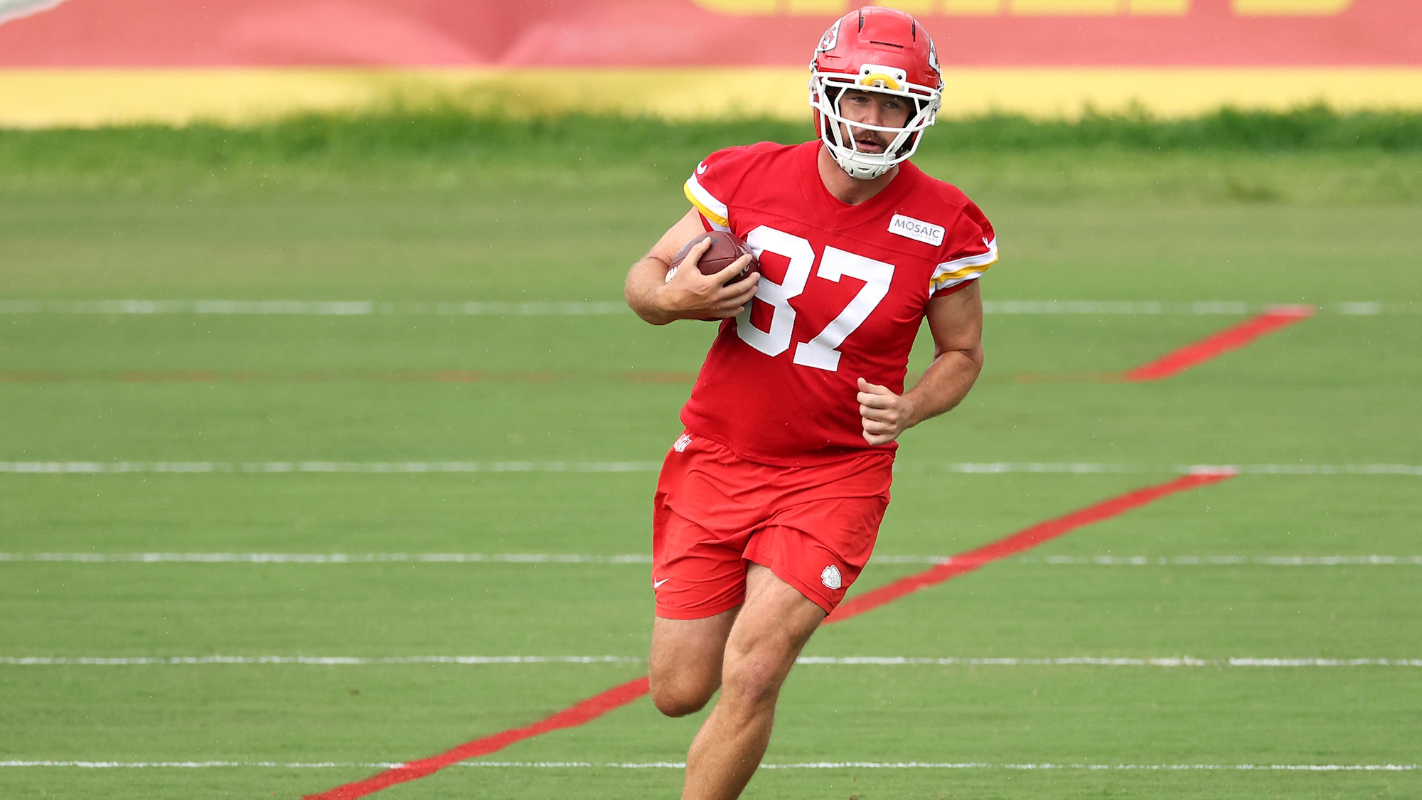 Tight end Travis Kelce #87 participates during Kansas City Chiefs training camp at Missouri Western State University on July 30, 2026 in St Joseph, Missouri. 