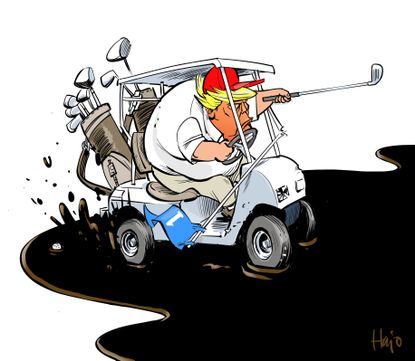Political Cartoon U.S. Trump Oil Iran Saudi Arabia Golf Cart