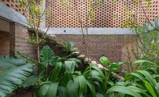 Stairs surrounded by brick walls and green plants in garden