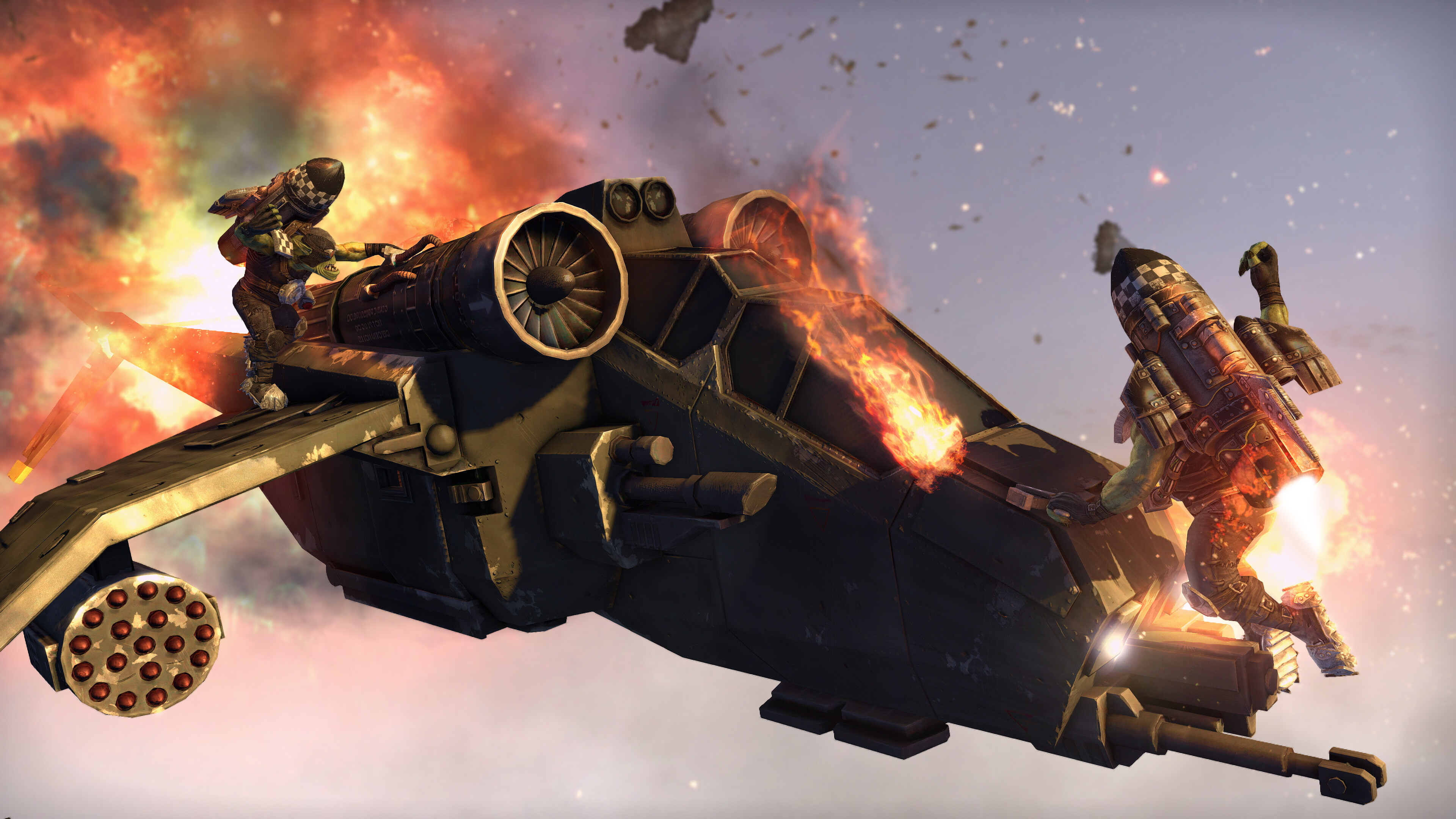 Ork Stormboyz attacking an aircraft in mid-air in Warhammer 40,000: Space Marine Master Crafted Edition. 
