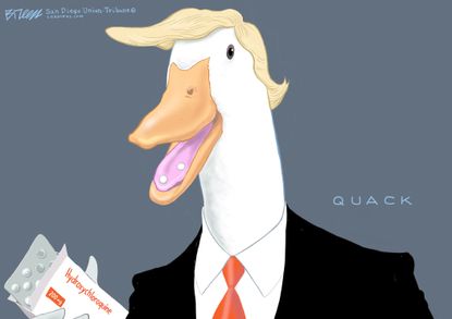 Political Cartoon U.S. Trump hydroxychloroquine quack coronavirus