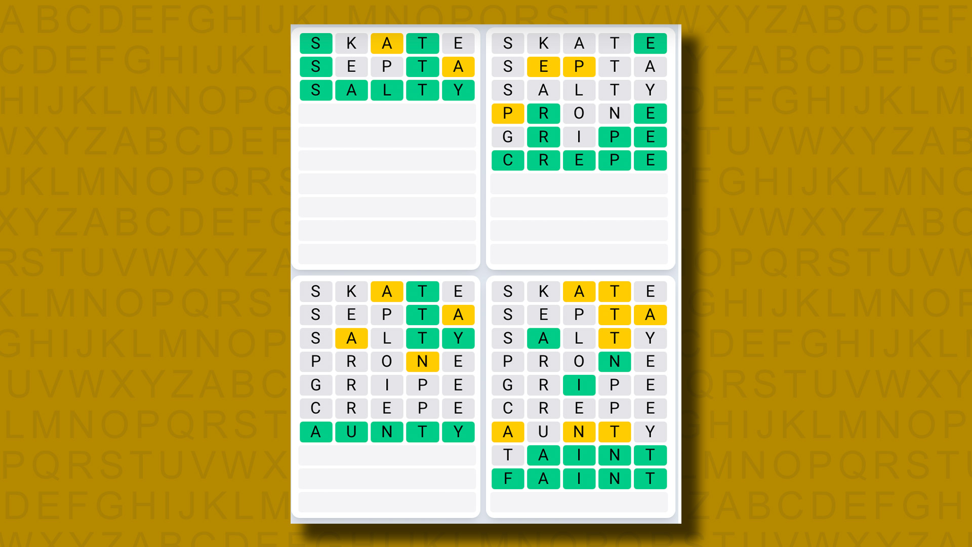 Quordle Daily Sequence answers for game 1125 on a yellow background