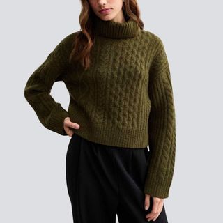 Khaki Cable Knit Roll Neck Jumper