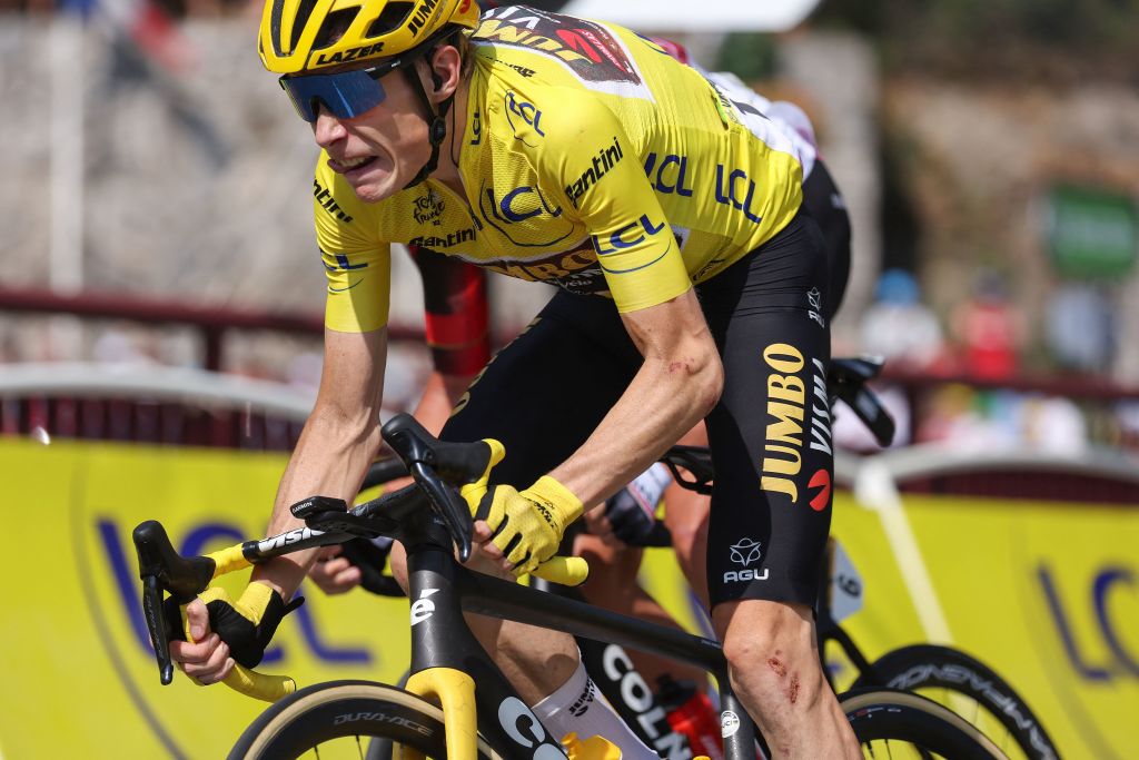 JumboVisma teams Danish rider Jonas Vingegaard cycles to the finish line during the 16th stage of the 109th edition of the Tour de France cycling race 1785 km between Carcassonne and Foix in southern France on July 19 2022 Photo by Thomas SAMSON AFP Photo by THOMAS SAMSONAFP via Getty Images