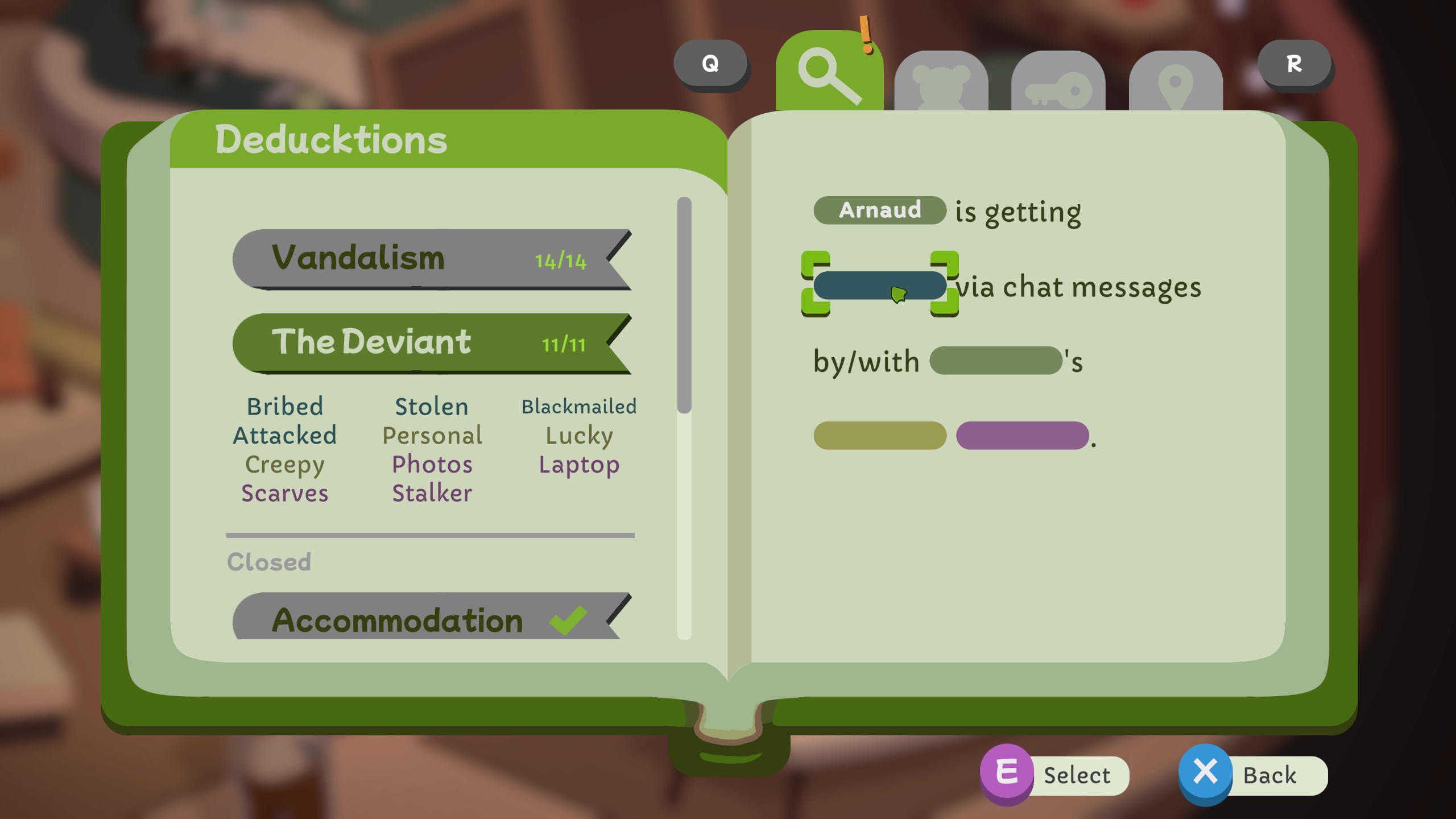The deducktions screen in Duck Detective: The Ghost of Glamping, showing one involving chat messages titled 'The deviant'
