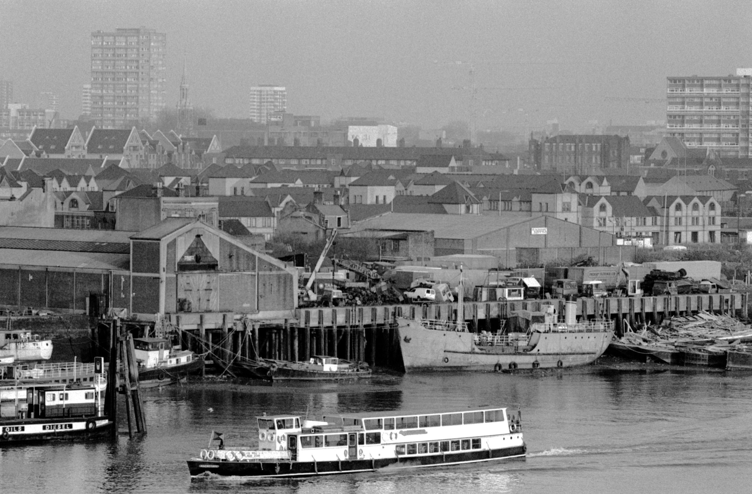A black and white photo showing a dilapadated Wapping in the late 1980s.