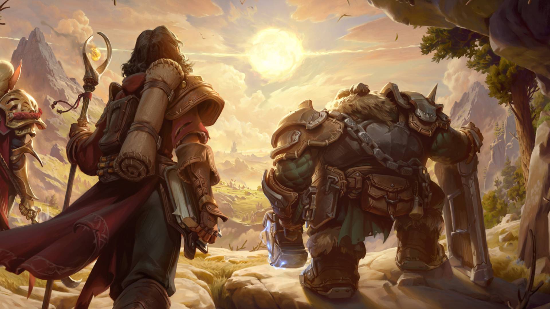 Cropped official art for Project Fantasy shows three characters looking out at a landscape from a cave mouth.