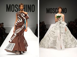 2 individual images with Female models on the runway of Moschino A/W 2014 b fashion show