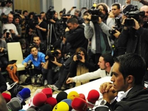 Alberto Contador maintained his innocence at a press conference on February 7, 2012.