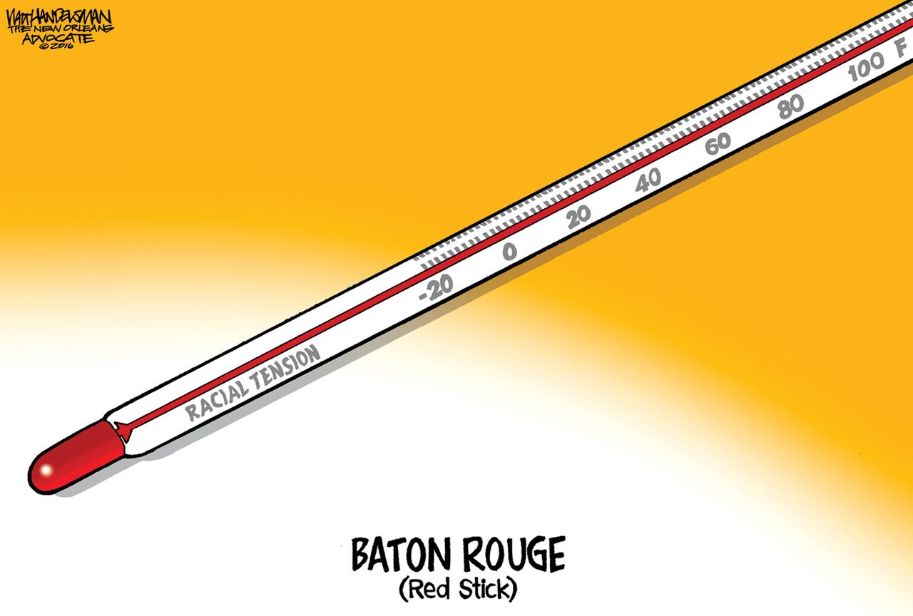 Editorial cartoon Baton Rouge thermometer racial tension